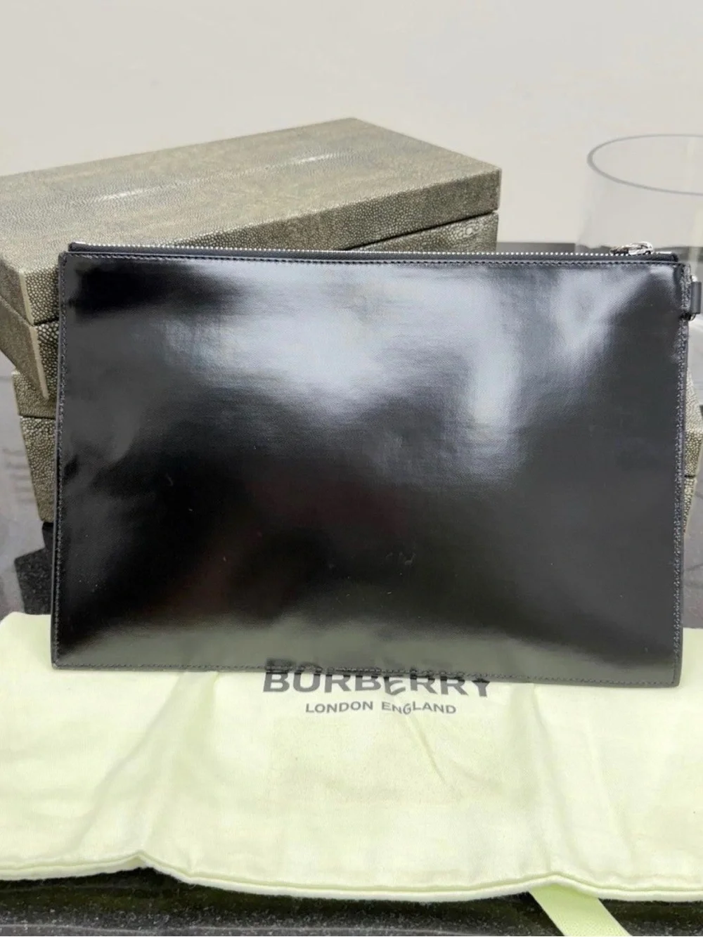 Burberry Black Gloss Leather Wristlet Pouch with Multicolor Logo